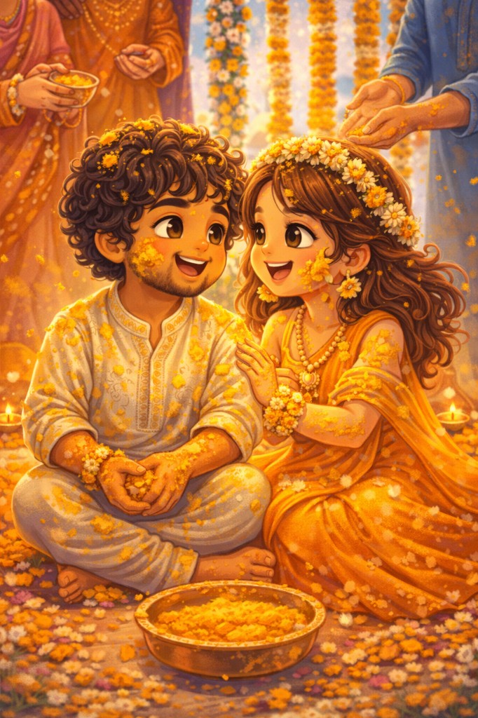 Illustration of Pooji and Vasdev during the haldi ceremony with marigolds and golden light.