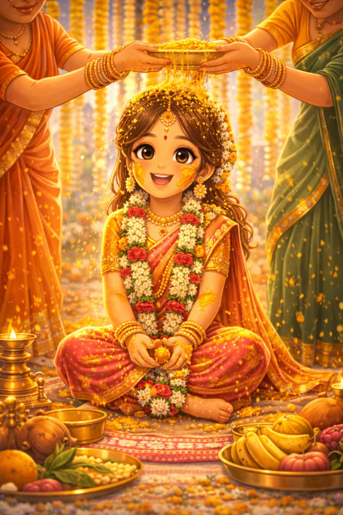 Illustration of the bride’s pellikuthuru ritual with flowers and family blessings.