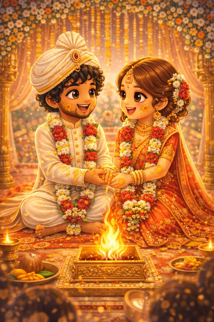 Illustration of the wedding mandap with the sacred fire, garlands, and family.